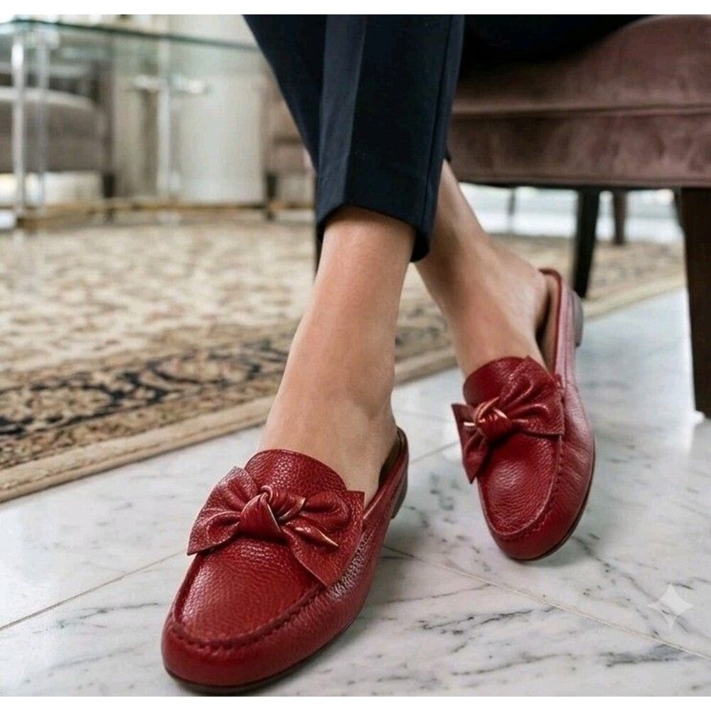 Marc Joseph NY Diane St Red Leather Bow Mules Slip On Loafers Women’s Size 7.5
